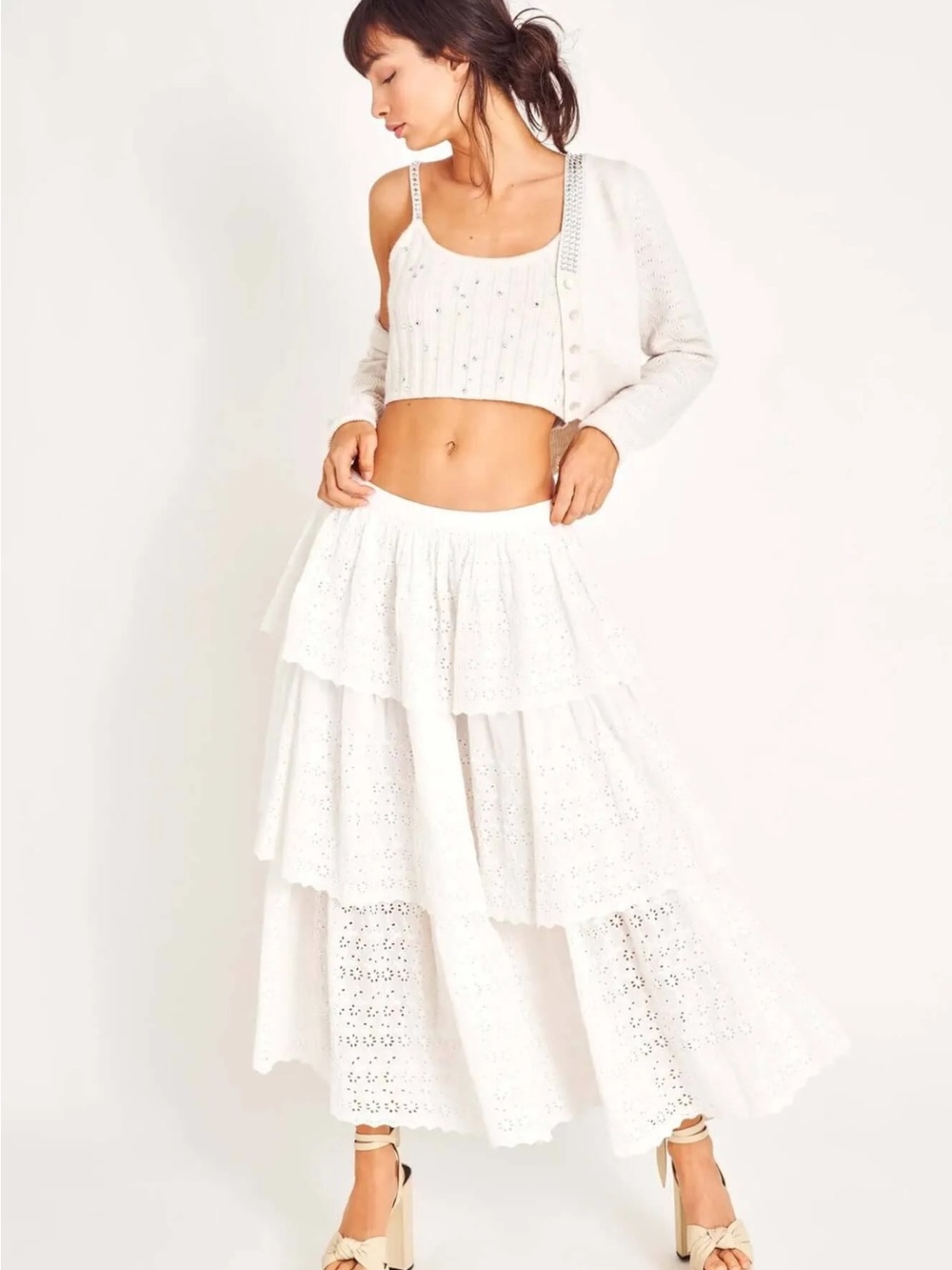 LoveShackFancy Kasiana Eyelet Tiered Maxi Skirt True White 100% Cotton Size 2